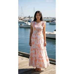 Vineyard Vines Dress Womens Pink White Smocked Maxi Floral Tiered Flutter Small